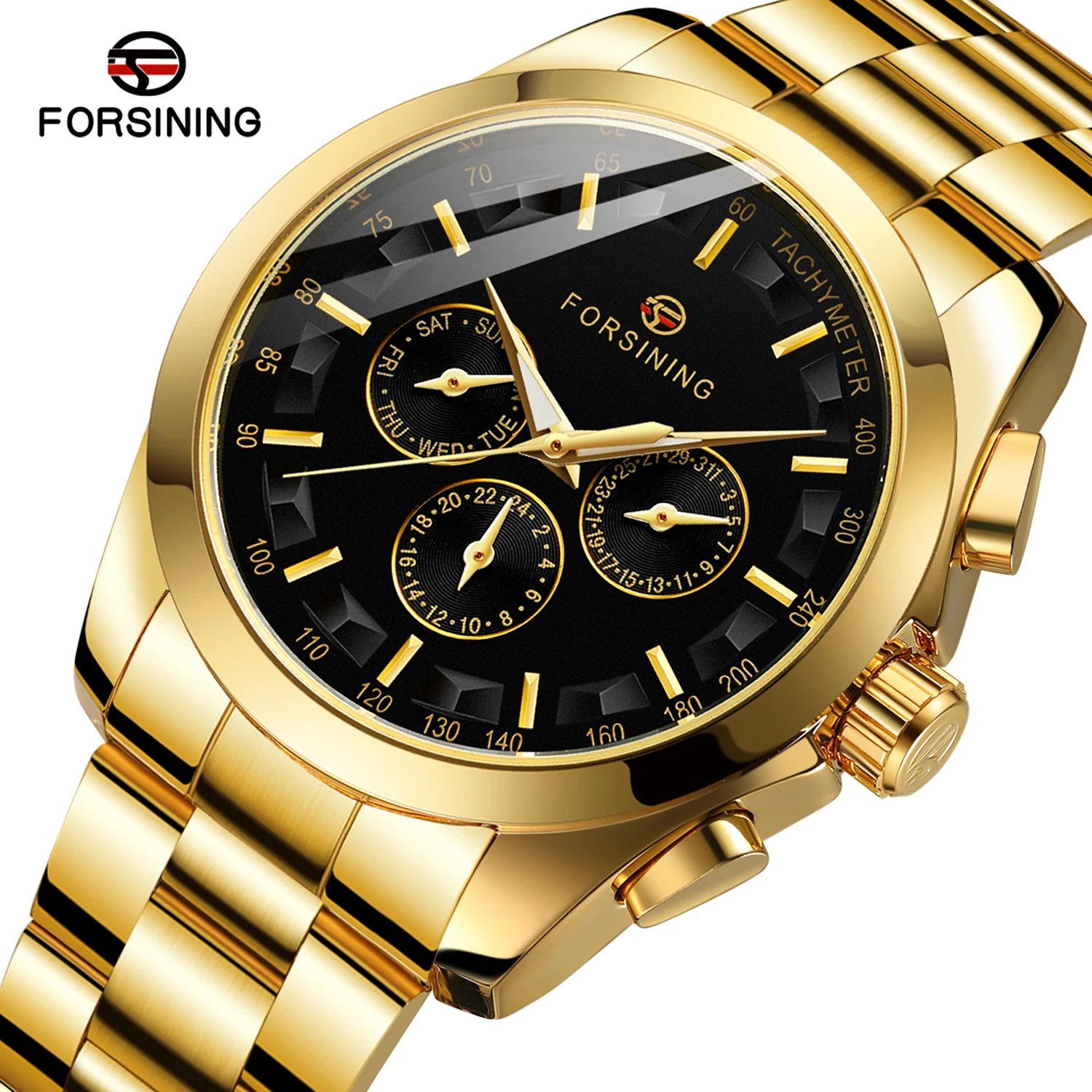 FORSINING Herren-Armbanduhr, lässig, modisch, automatisches Uhrwerk, mechanisches Uhr, Metallarmband, leuchtender Kalender, 3 ATM, wasserdicht, Weihnachtsgeschenk
