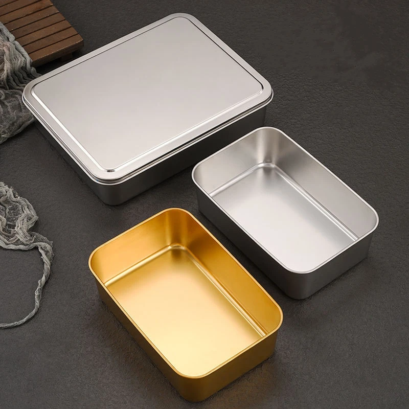 Stainless Steel Golden Flat Storage Tray Rectangular Tiramisu Baking Pan with Lid Kitchen Fruit Bread Deepen Food Plate Bakeware