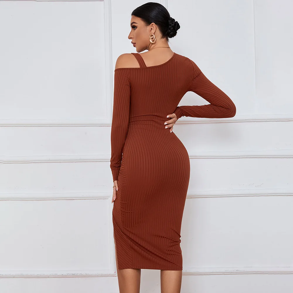 20243 Women's Dress Drawstring Split Off Shoulder Autumn/Winter Wrap Hip Long Sleeve Dress