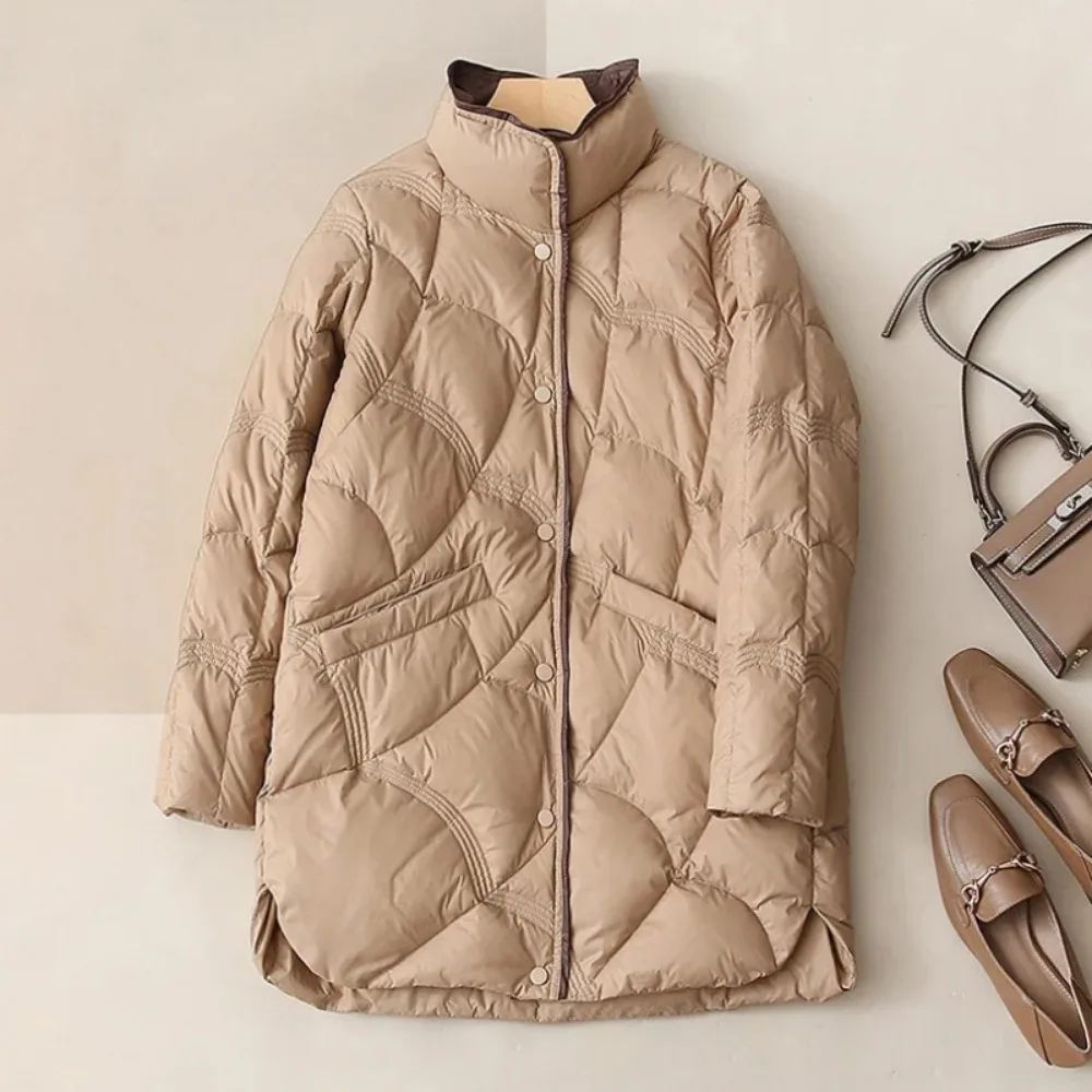 2024 Winter New Fashion Stand Collar X-Long Women Down Jackets Female Casual Loose Ultra Lightweight White Duck Down Warm Coat