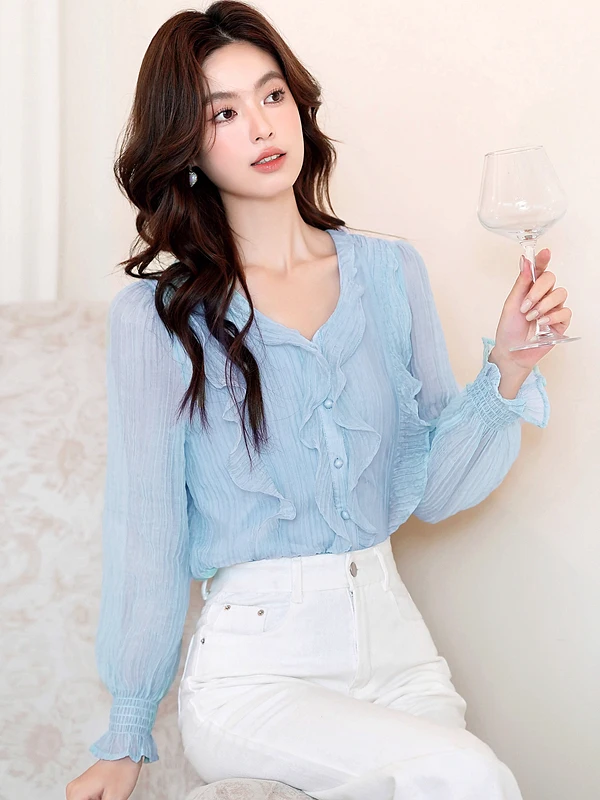 

Ele V-Ne Long Sve irt Women's Spring Autumn Winter Blue Chiffon Top Faionable Pret Blouse French Sle Bubble ...