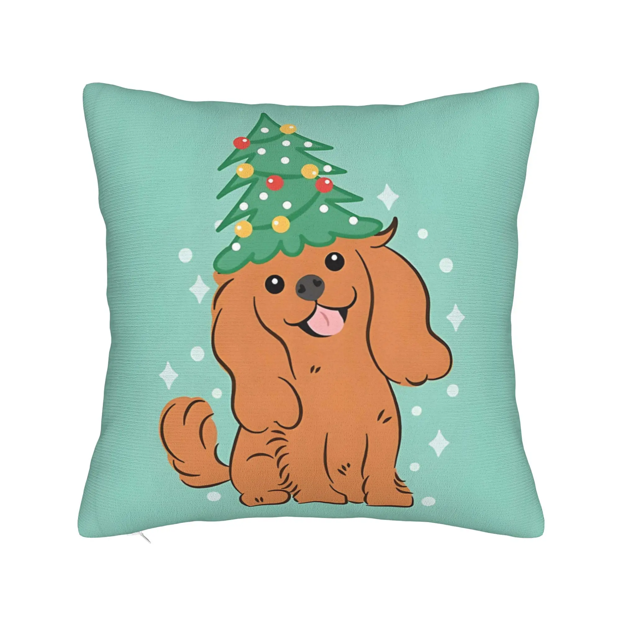 Merry Christmas Ruby Cavalier King Charles Spaniel Throw Pillow Cover Holiday Design with Sparkling Lights Green Tree, Polyester