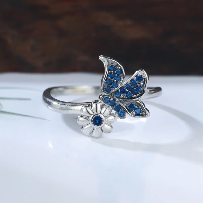 Small Niche Design Blue Zircon Butterfly Flower Ring Versatile and Personalized Forest Style Artistic Temperament Accessory