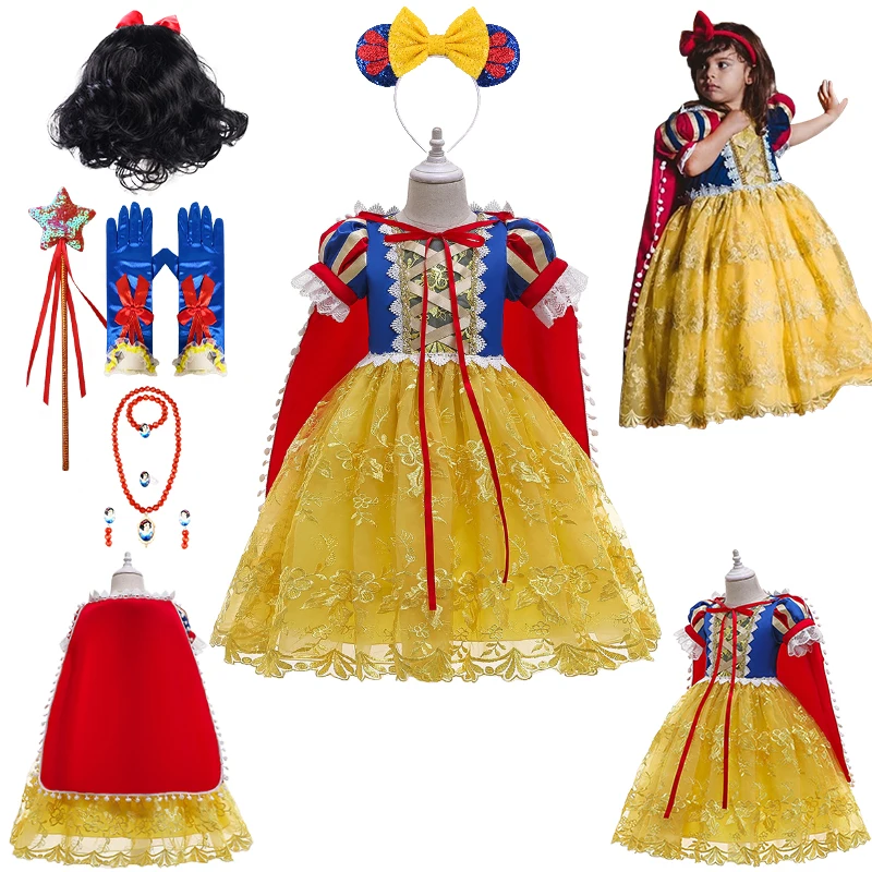 

Fantasia Girl Cosplay Puff Sleeve Lace Flower Snow White Princess Dress With Cape Halloween Fancy Fairy Kids Birthday Party Gown