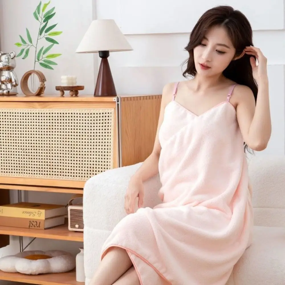 Sweet Coral Velvet Suspender Nightdress Stripe Backless Pajamas Skirt Homewear Sleepshirts Wearable Bath Towel Female