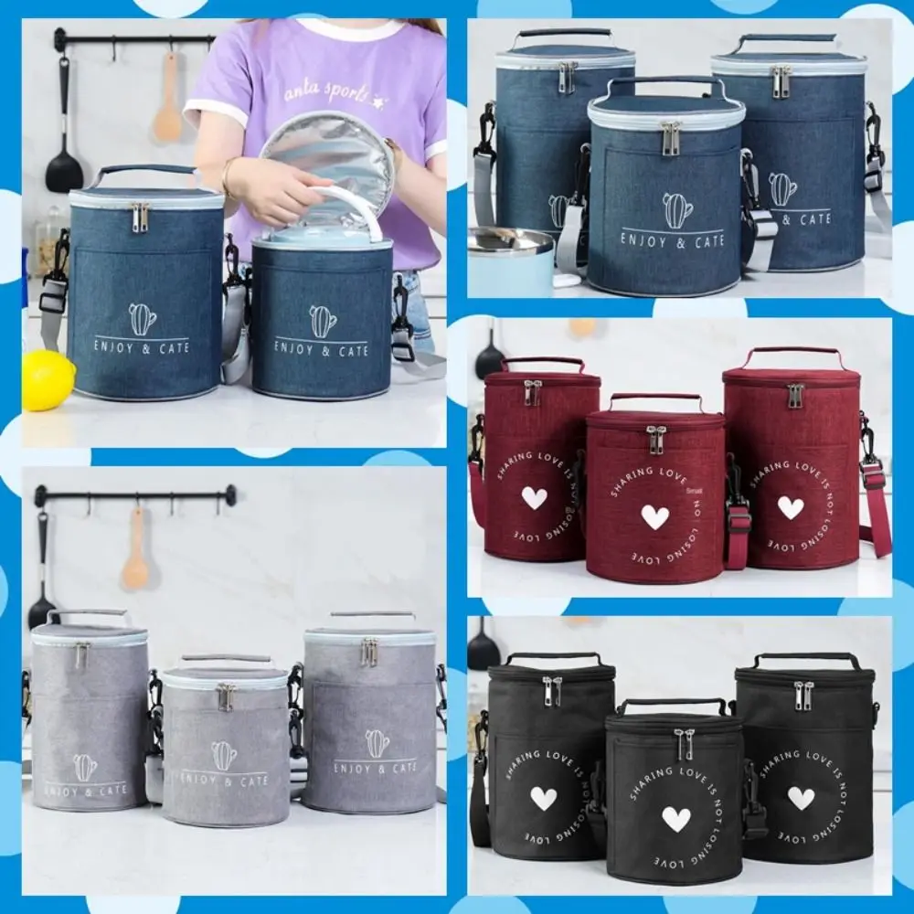 Aluminum Foil Cylinder Insulated Lunch Box Bag Oxford Waterproof Round Lunch Bag with Adjustable Strap Thicken Thermal Bag