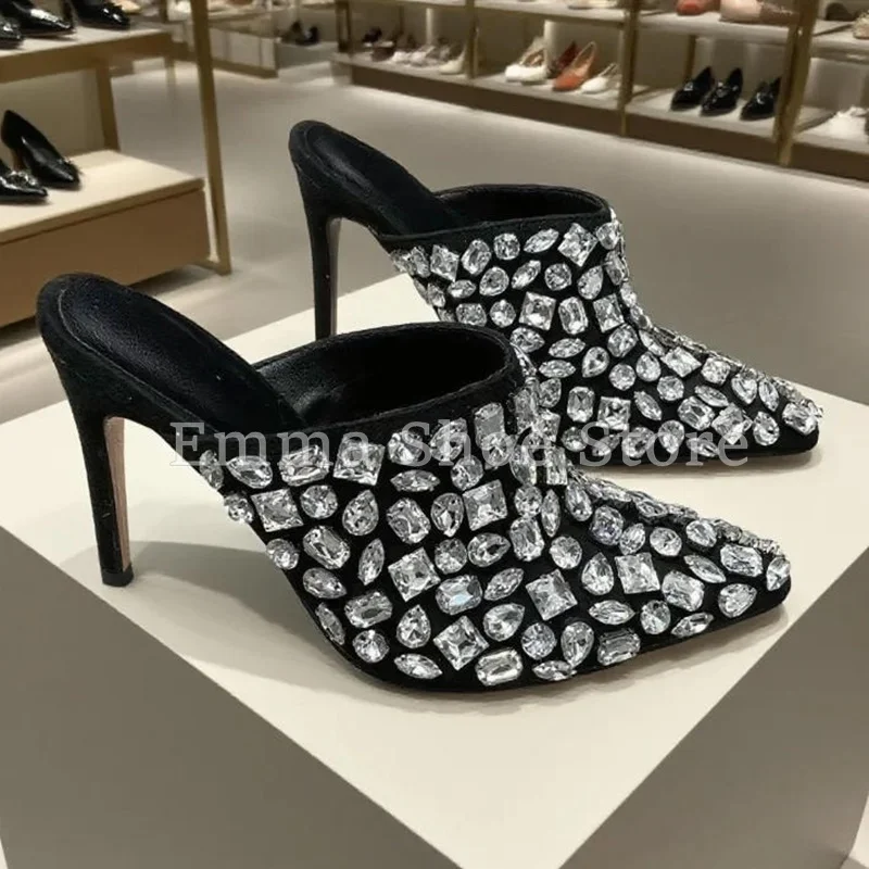 Элегантные черные сабо со стразами, украшенные стразами, туфли-лодочки на высоком каблуке-шпильке с острым носком, вечерние тапочки без шнуровки, вечерние женские туфли с кристаллами