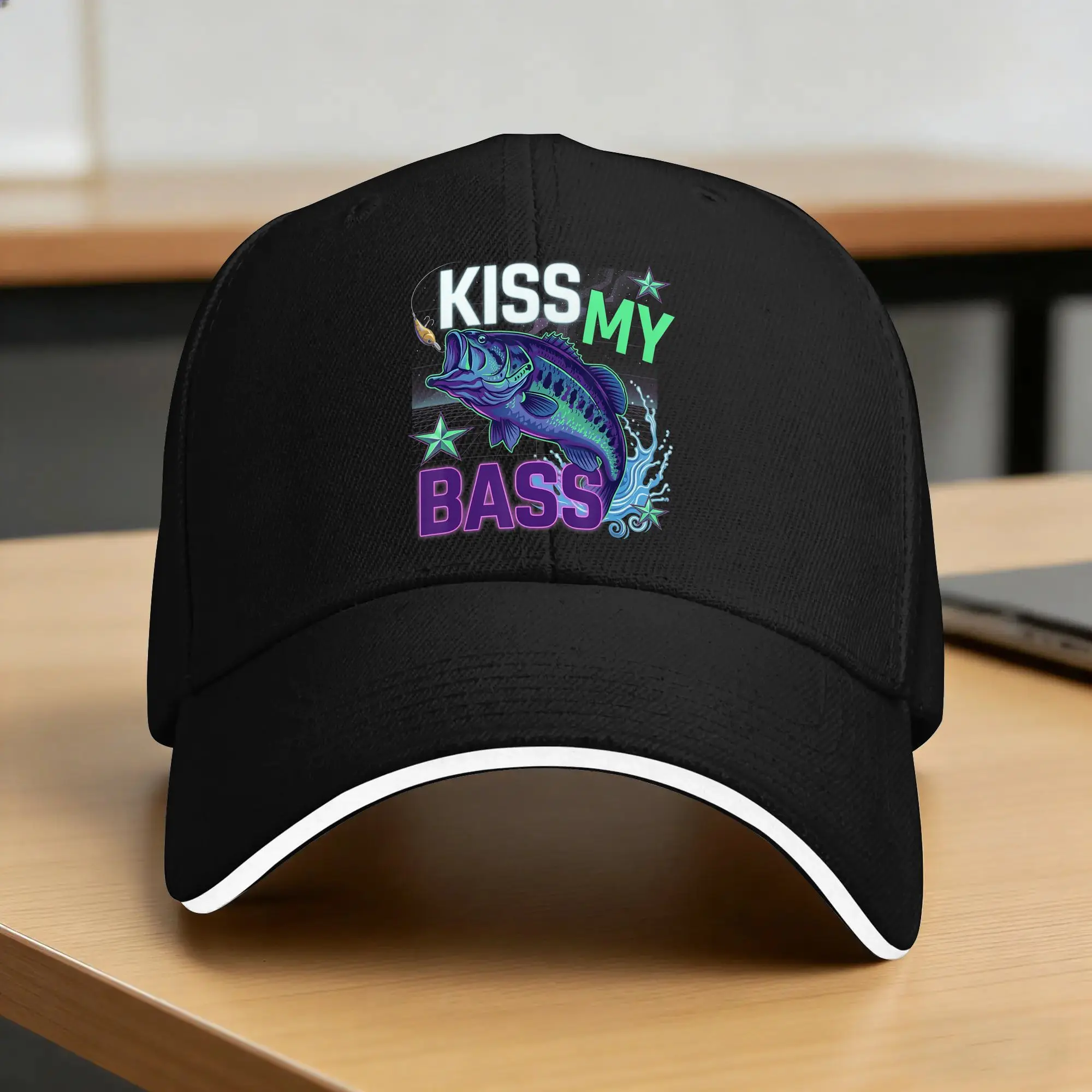 kiss My bass USA bass Fishing Sun Baseball Cap Summer Female Male  Print Trucker Hat Dropshipping y2k Cute Hiking Snapback Cap