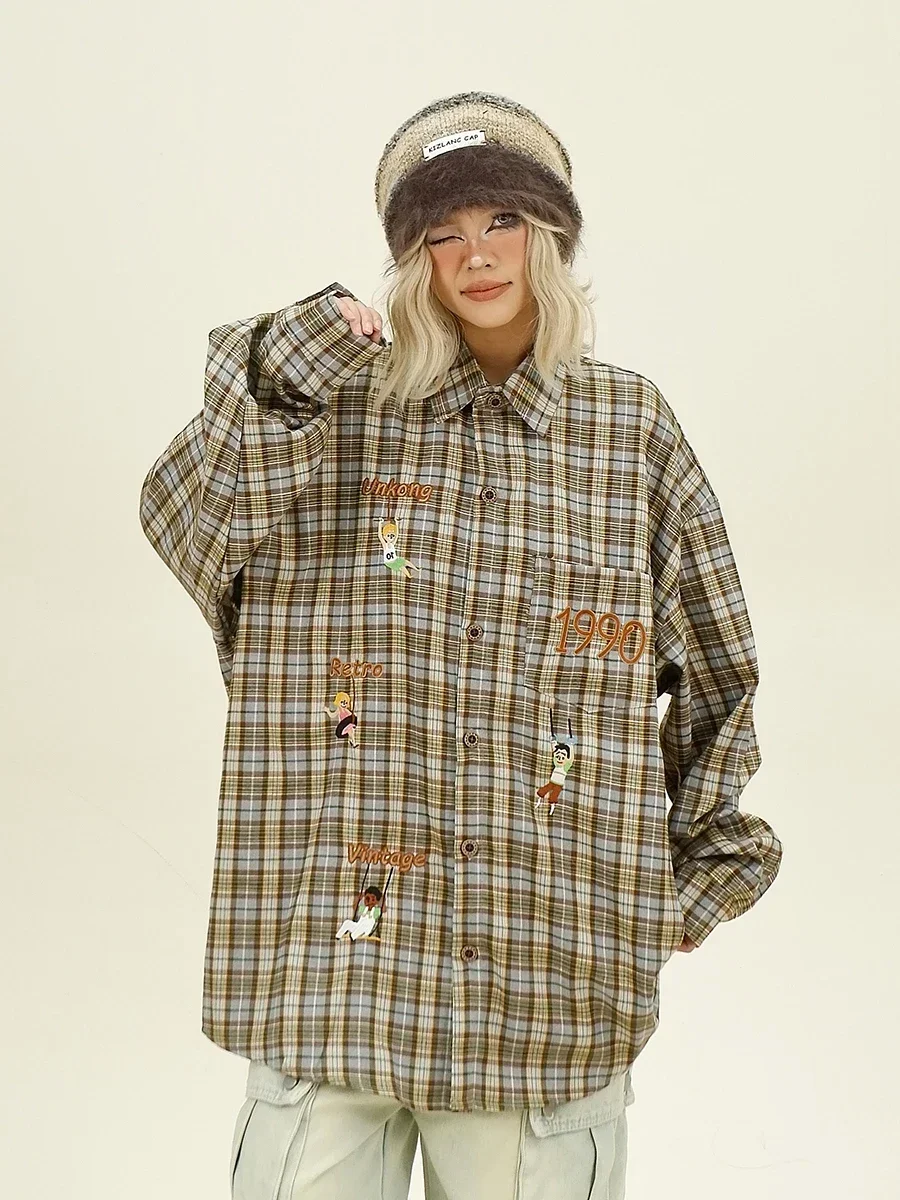 Character Plaid Long-sleeved Shirt 2024 Autumn New Loose Bf Japanese Retro Couple Top Women