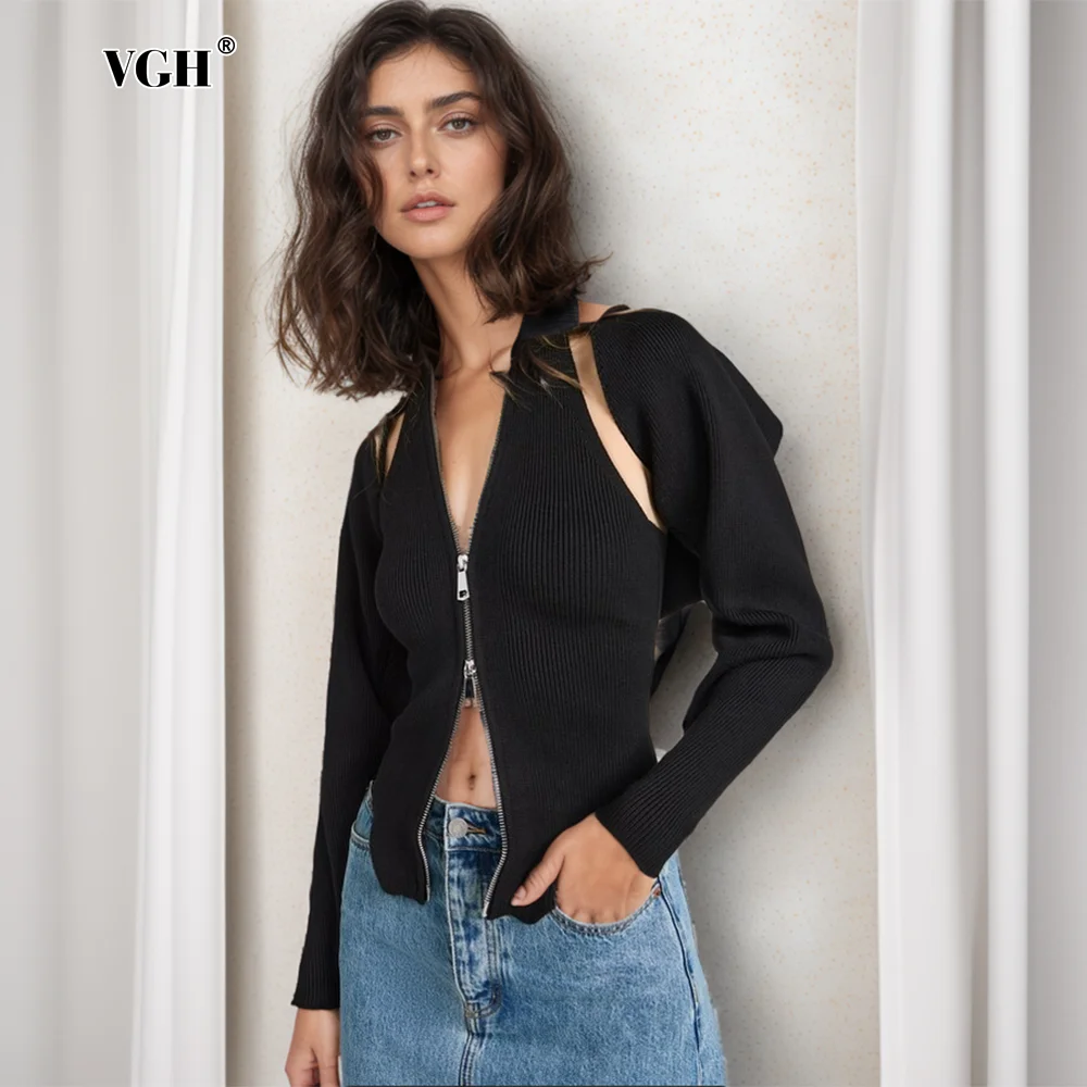 

VGH Fashion Two Piece Sets For Women V Neck Sleeveless Backless Vests Long Sleeve Knitting Coats Casual Soild Set Female Clothes