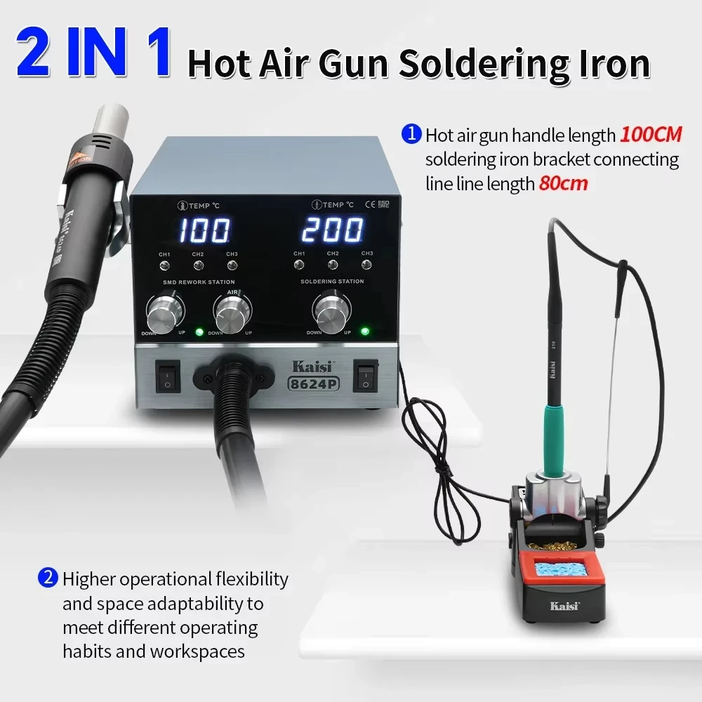 Kaisi 8624P 2 IN 1 800W Hot Air Gun BGA Rework Station SMD Soldering Iron 210 Handle Desoldering Station Display Welding Tool