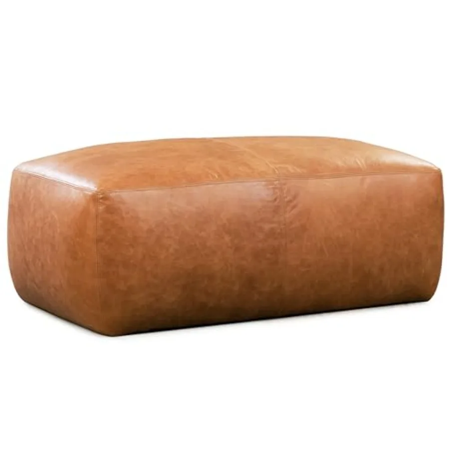 

Large Pouf with Feather-Down Topper Full-Grain Leather Upholstered Pouf for Living Room Vintage Italian Leather in