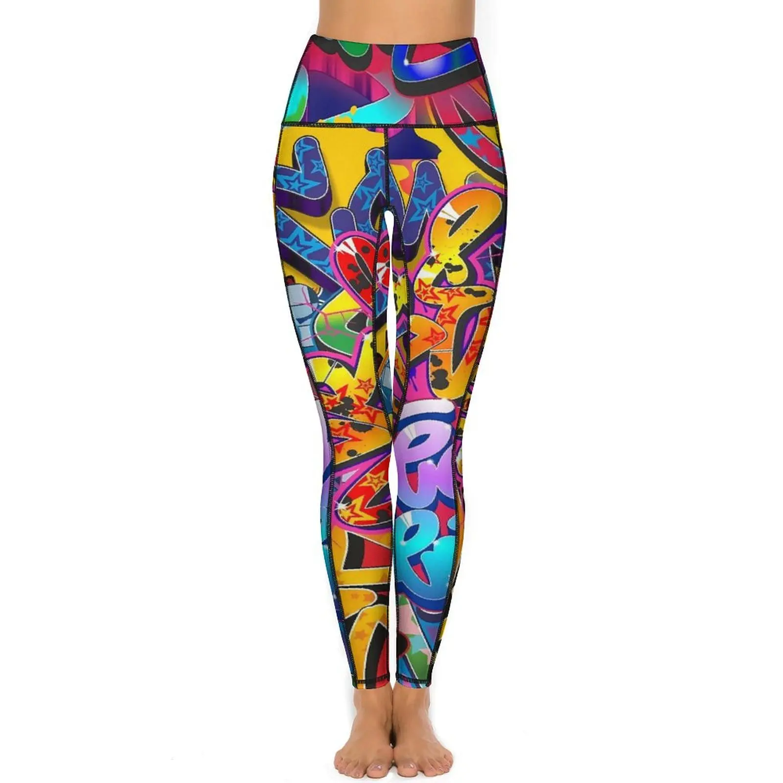 Graffiti Words Leggings Colorful Print Design Yoga Pants High Waist Workout Gym Yoga Legging Breathable Elastic Sports Tights