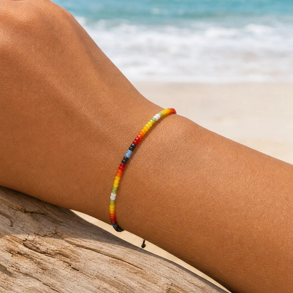 1pc Thin Multicolor Round Glass Bead Strand Bracelet with Adjustable Tie Cord Boho Style for Women Summer Beach Outfit