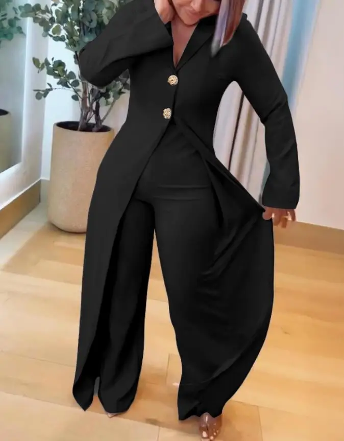 Women's Casual Lapel Jumpsuit Long - Sleeve Design Decorative Button and Cinched Waist Wide Leg Faux Two-Piece Jumpsuit