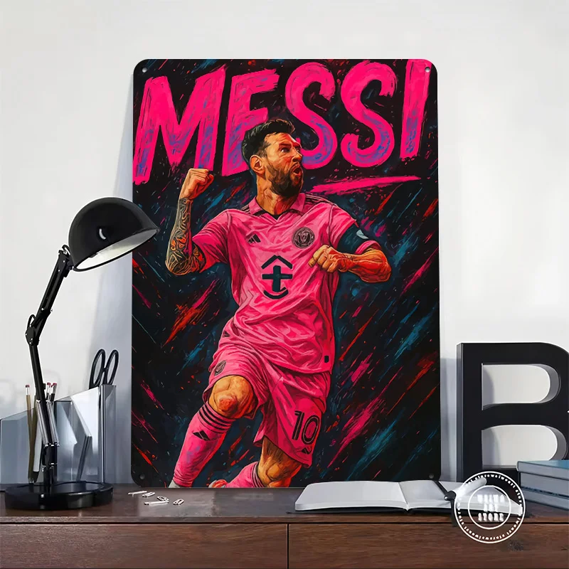 Lionel Messi Pink Jersey Celebration Art 3D Texture Printed Poster Custom Vintage Metal Tin Plate Sign for Wall Art Home Decor