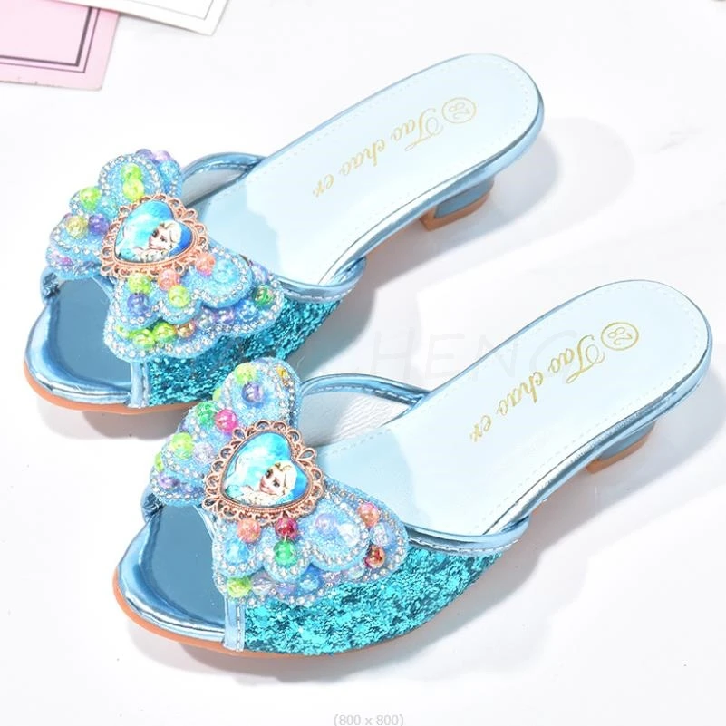 Hot Girls Summer Sandals Slipper Sequined Princesse Children High Heel Party Dress Frozen Elsa Shoes Leather Slipper Kids Slides