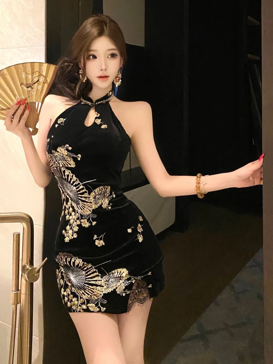 

Сексуальная облегающая короткая юбка с блестящей вышивкой в винтажном китайском стиле