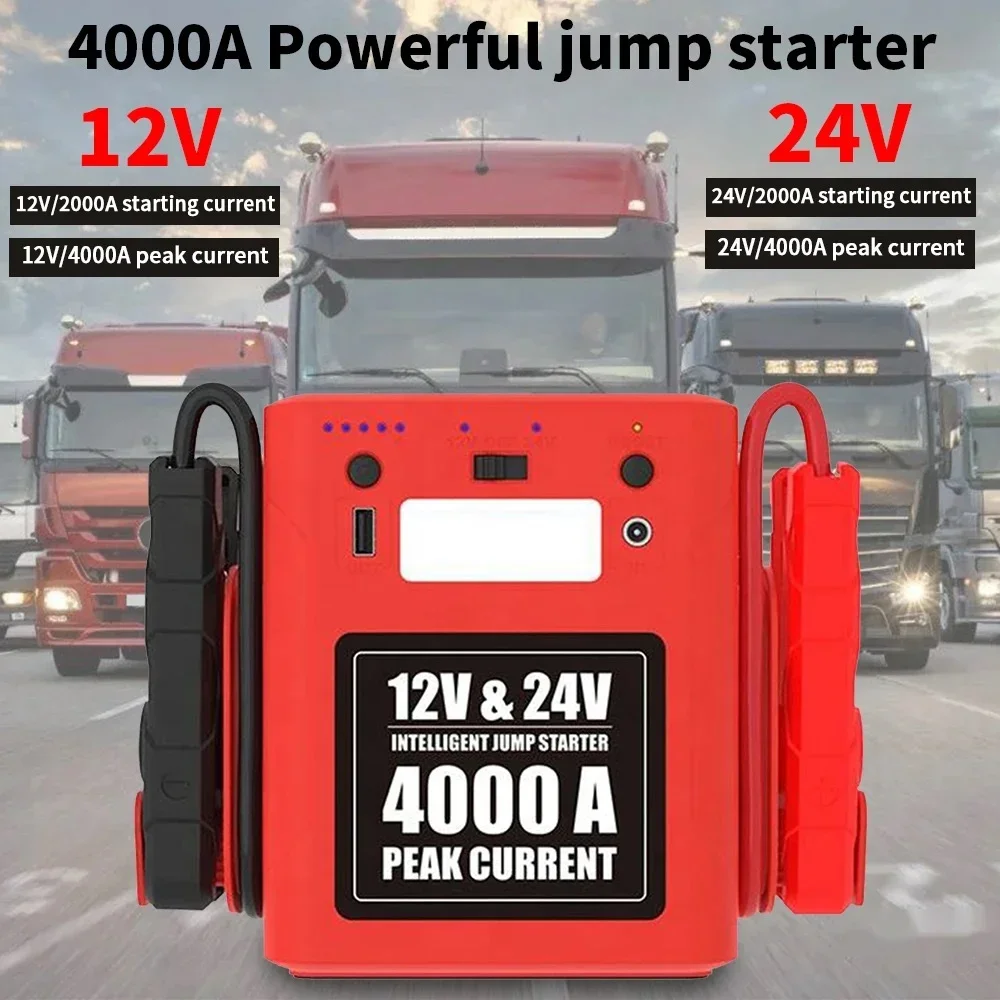 Starter jump mobil 42000mah yang ditingkatkan, 12V/24V arus puncak 4000A booster Power Bank Jump Starter untuk truk berat