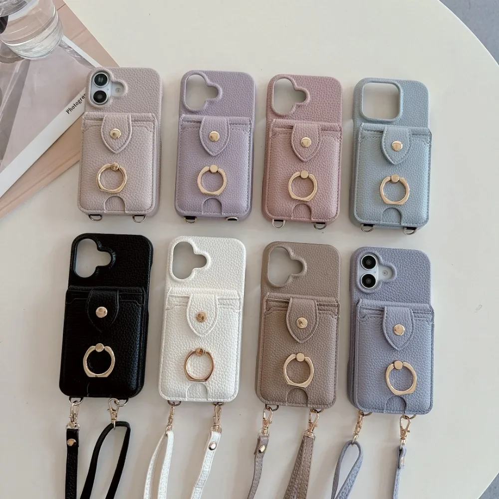 Crossbody Ring Stand Phone Case for IPhone 16 15 Plus 14 11 Pro Max 13 12 Mini Mirror Wallet with Card Holder Leather Cover