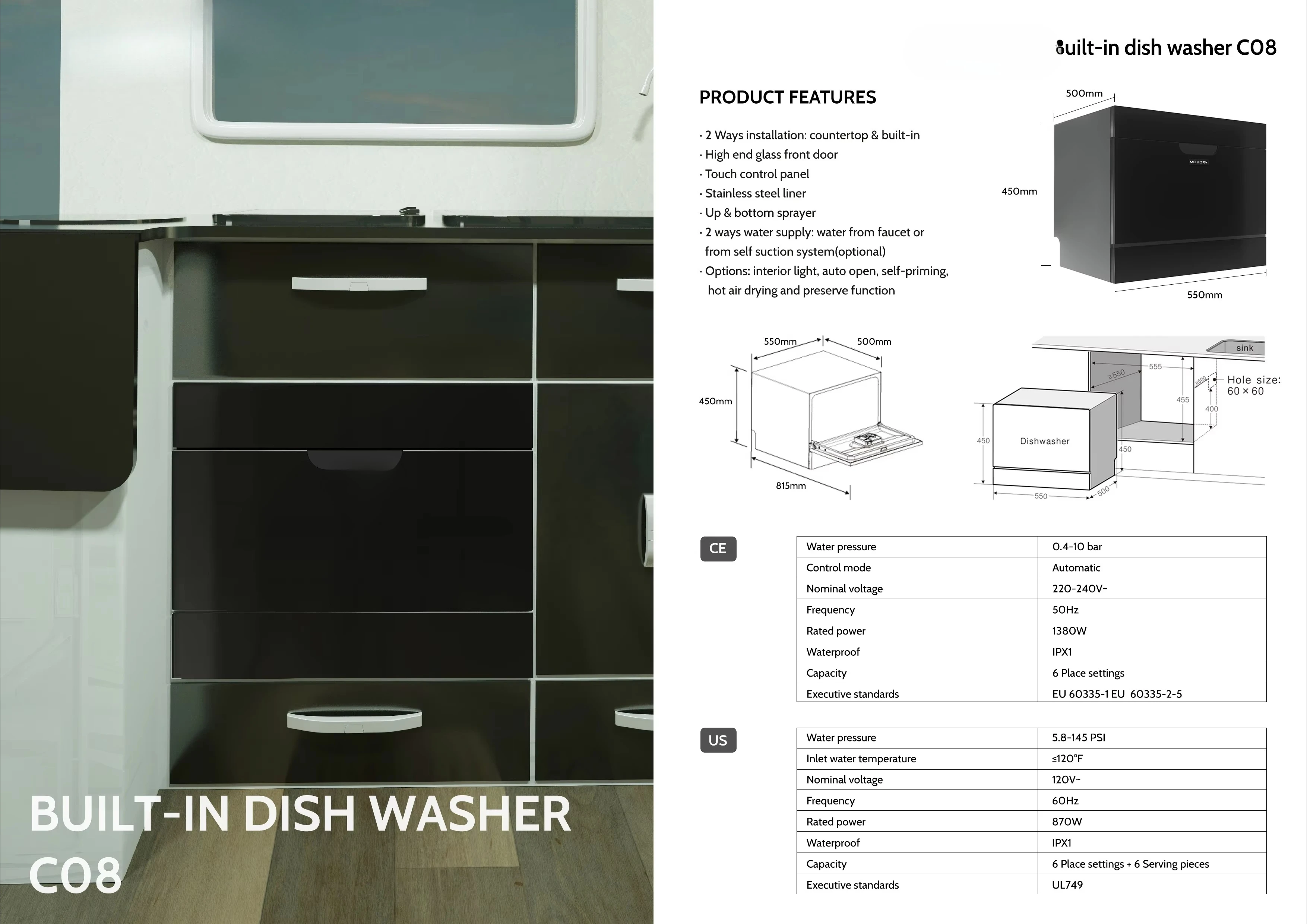 MOBORV MOTORHOME RV Appliance ACCESSORy Camper Van Conversion Camping Caravan Stainless Steel Built-In Dishwasher C08 Glass Door