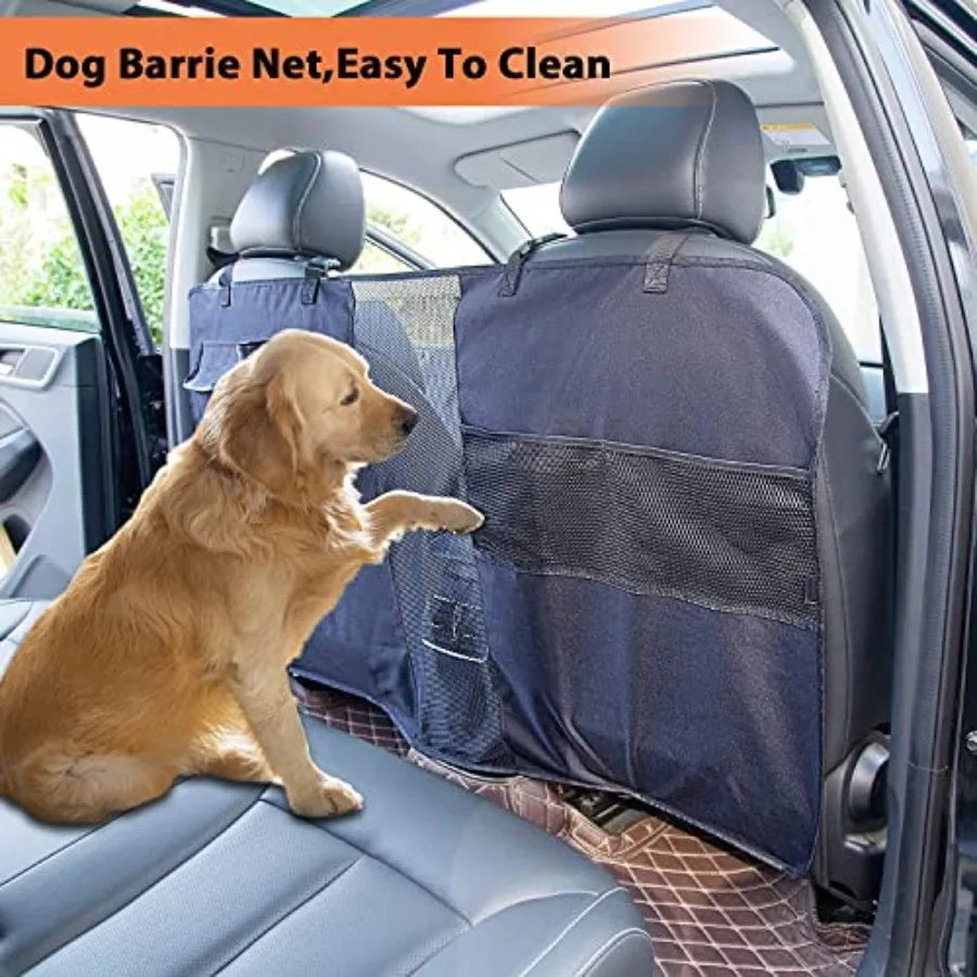 Barrière universelle pour voiture de chien avec sac de rangement et corde réglable pour séparateur de siège arrière SUV pour voyager en toute sécurité avec et animaux de compagnie