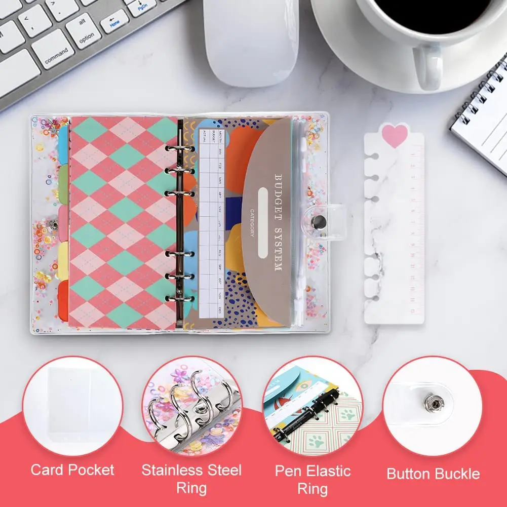 A6 Binder Budget PVC Notebook Cover,Cash Envelopes System Planner Organizer Set, with Binder Pockets, Budget Sheets and Labels