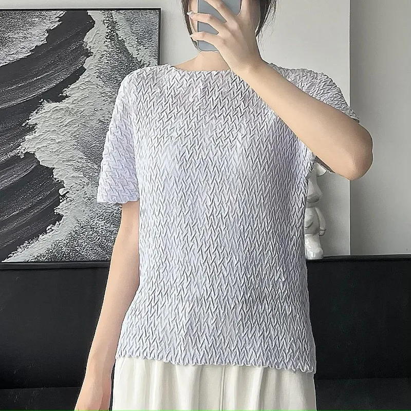 Summer New Fish Scale Pleated Solid Color Short Sleeved Top Simple Fashionable Bottom Vest T-shirt Slim Elegant Top for Women