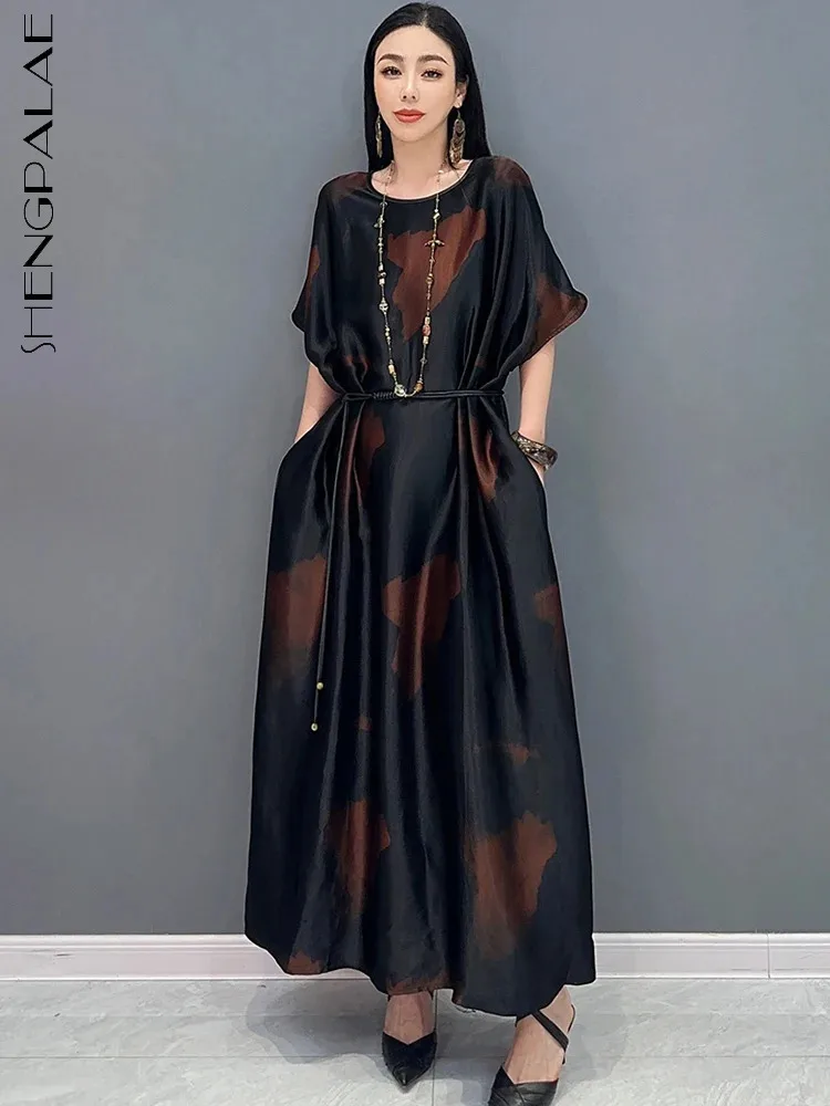 SHENGPALAE Chinese Style Satin Print Loose Swing Long Dress Short Sleeves Fashion Elegant Women Dresses 2024 Summer New 5R9796