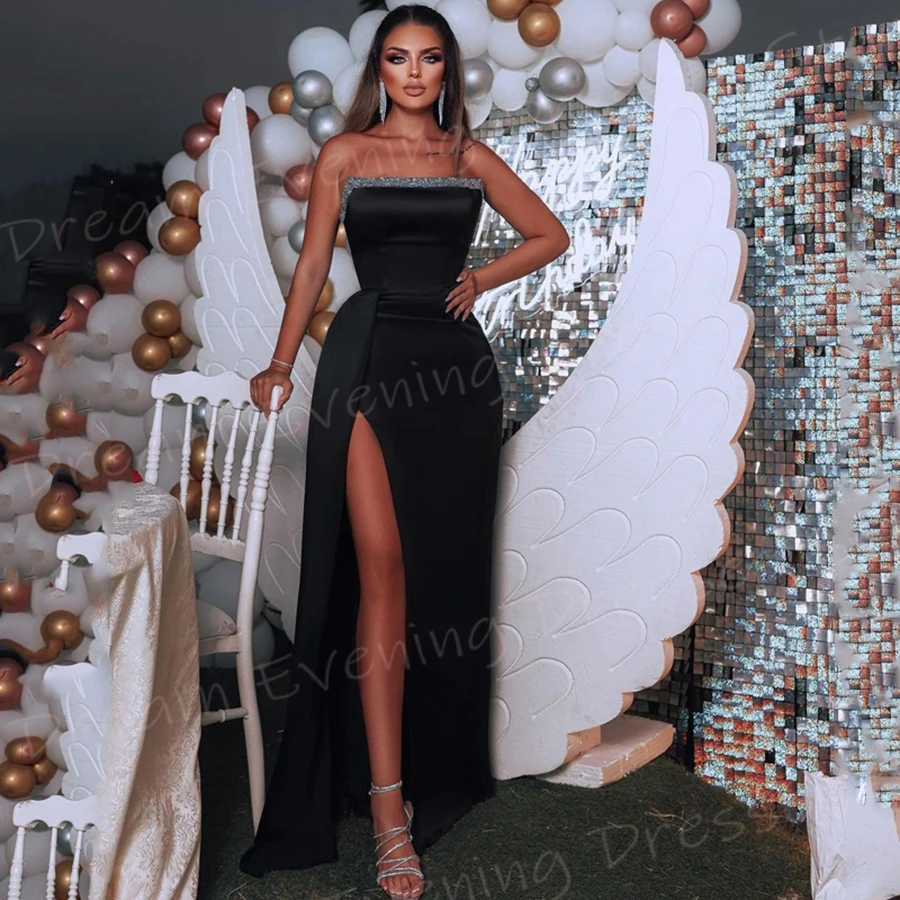 Sexy Charming Black Mermaid Modest Women's Evening Dresses Modern Strapless Sleeveless Prom Gowns High Side Split Vestidos Gala