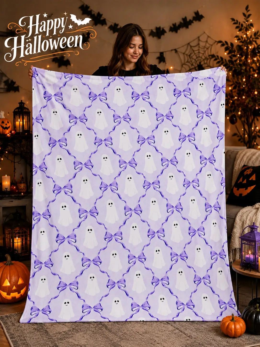Halloween Flannel Blankets & Throws Ghost Bow Ribbon Sofa Couch Bed Nap Bedroom Living Room Office Travel Camping Home Decor Gift for Mom Dad Wife Husband Sister Brother Grandma Grandpa Family Friends Christmas Anniversary Reading Dorm Cabin
