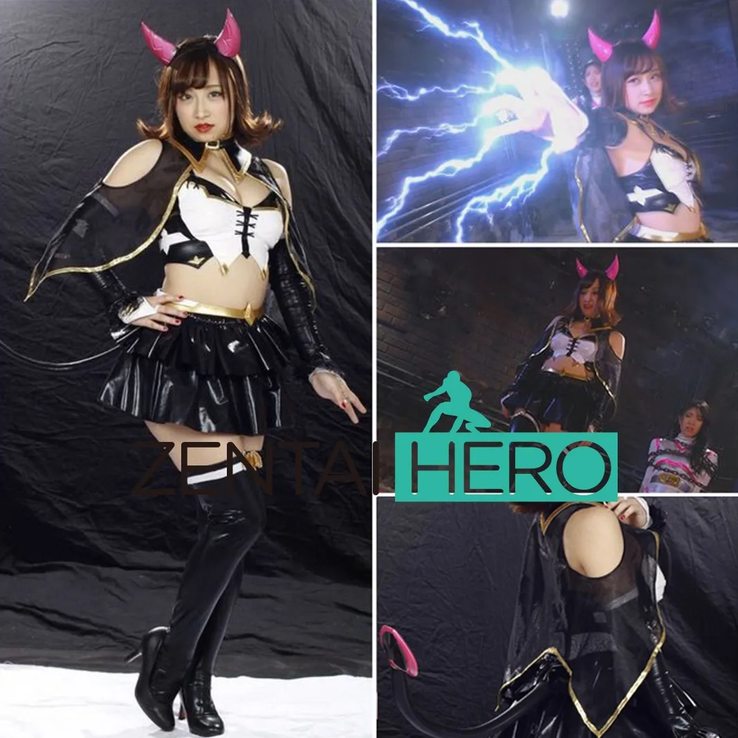 

Super Heroine Devilish Cadre Hero Surrender Devil Girl Hellryllis Woman Cosplay Costume Shiny Metallic PU Dress with Tail