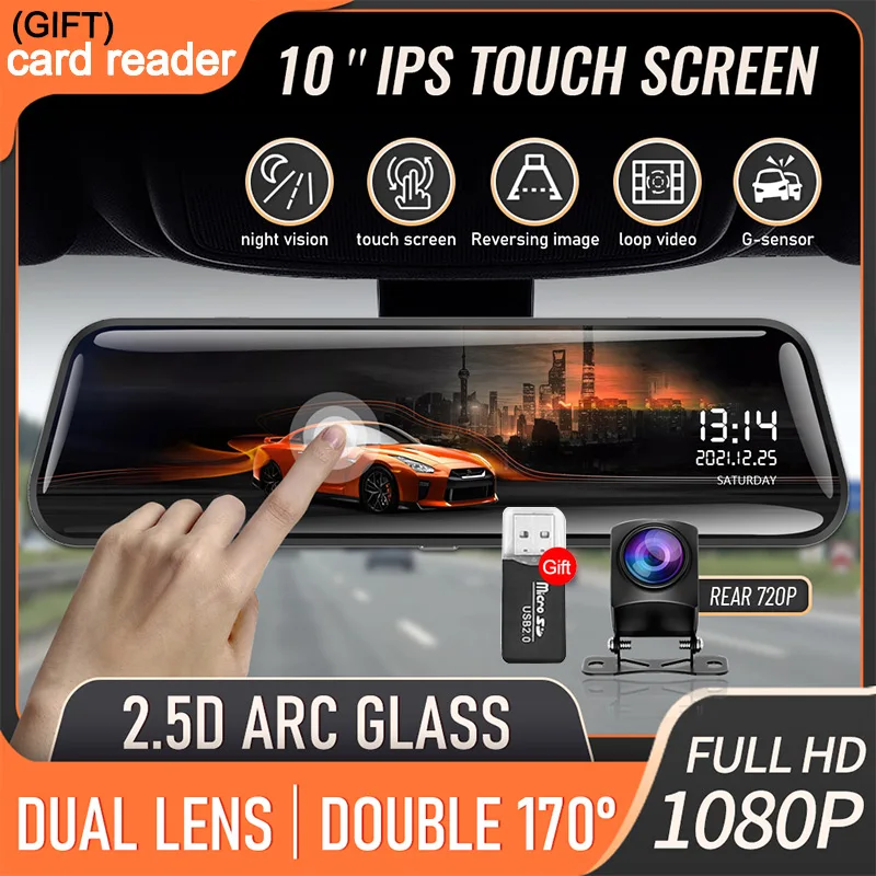 Car Dvr Mirror 10 Inch IPS 2.5D Touch Screen Stream RearView Dash Cam Mirror Dual Car Camera Dashcam Drive Recorder FHD1080P