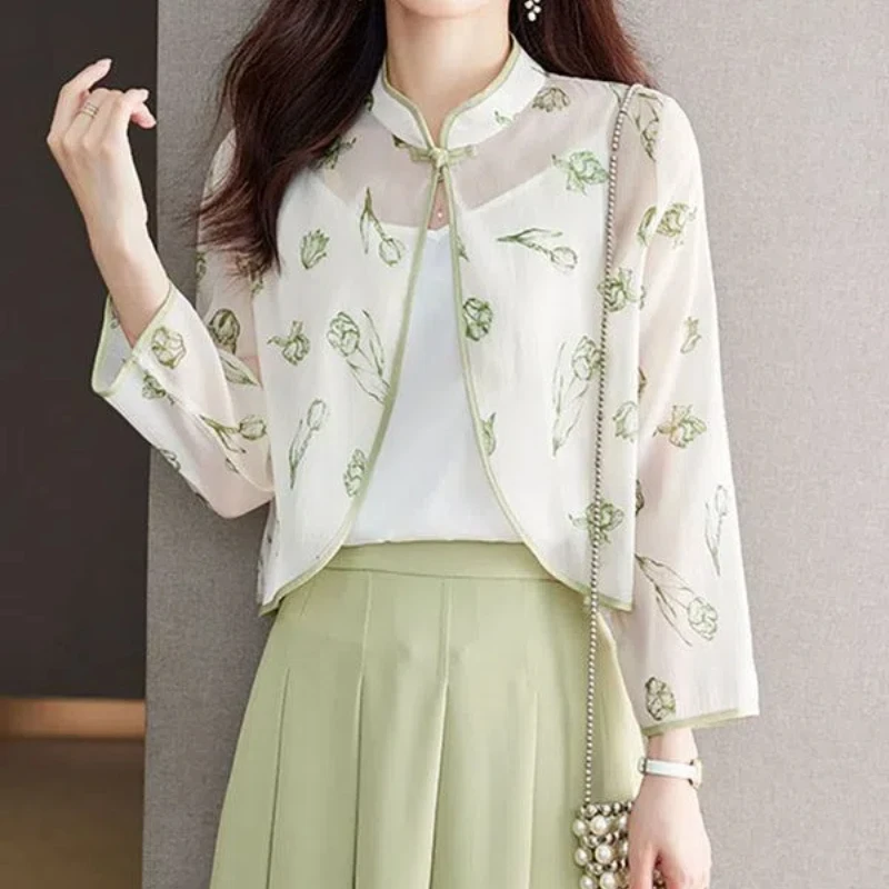 2024Summer Women\'s Casual Fashion Elegant Commuting New Chinese style Plate ButtonPrinted Button Chiffon Simple Thin Small Shawl