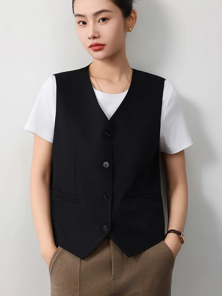 Professional Commuter Women's V-Neck Button-Up  Vest Fashionable Slim Fit Versatile Workwear Short Length  Color
