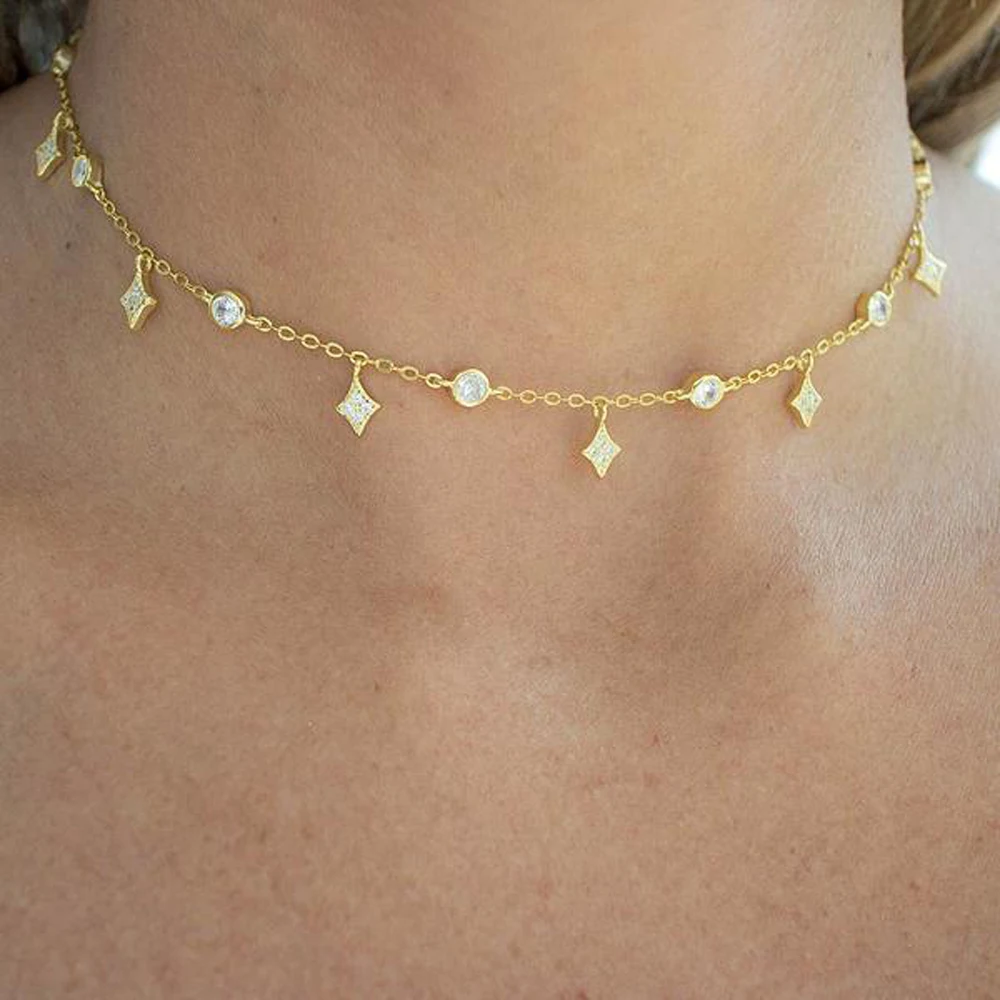 Wysokiej jakości błyszczący naszyjnik CZ Star Charm dla kobiet Micro Pave Bling Round Cz Station Link Chain Choker Biżuteria