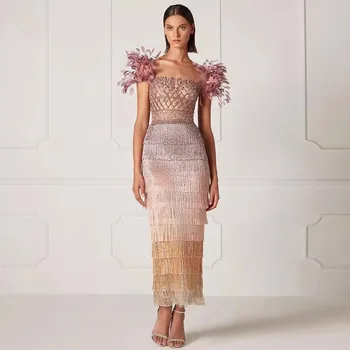 2024 LA72004 Royal Handmade Mermaid Luxury Feathers Evening Dresses Lilac Tassels Beaded Ankle Length Elegant Women Party Gowns