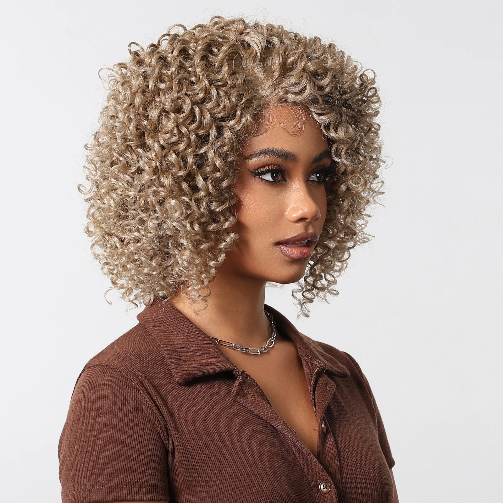 Korte Afro Kinky Krullend Synthetische Pruiken Haarlijn Lace Frontale Diepe Krul Pruik Met Baby Haar Licht Koper Blonde Pruik Voor Zwarte Vrouwen