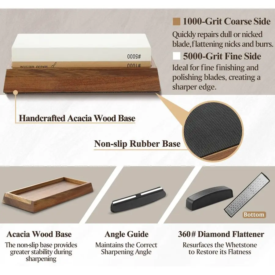 شحذ StoneDual Grit 1000 5000 مبراة سكاكين حجرية كبيرة جدًا مع قاعدة خشب السنط، مسطح دايموند