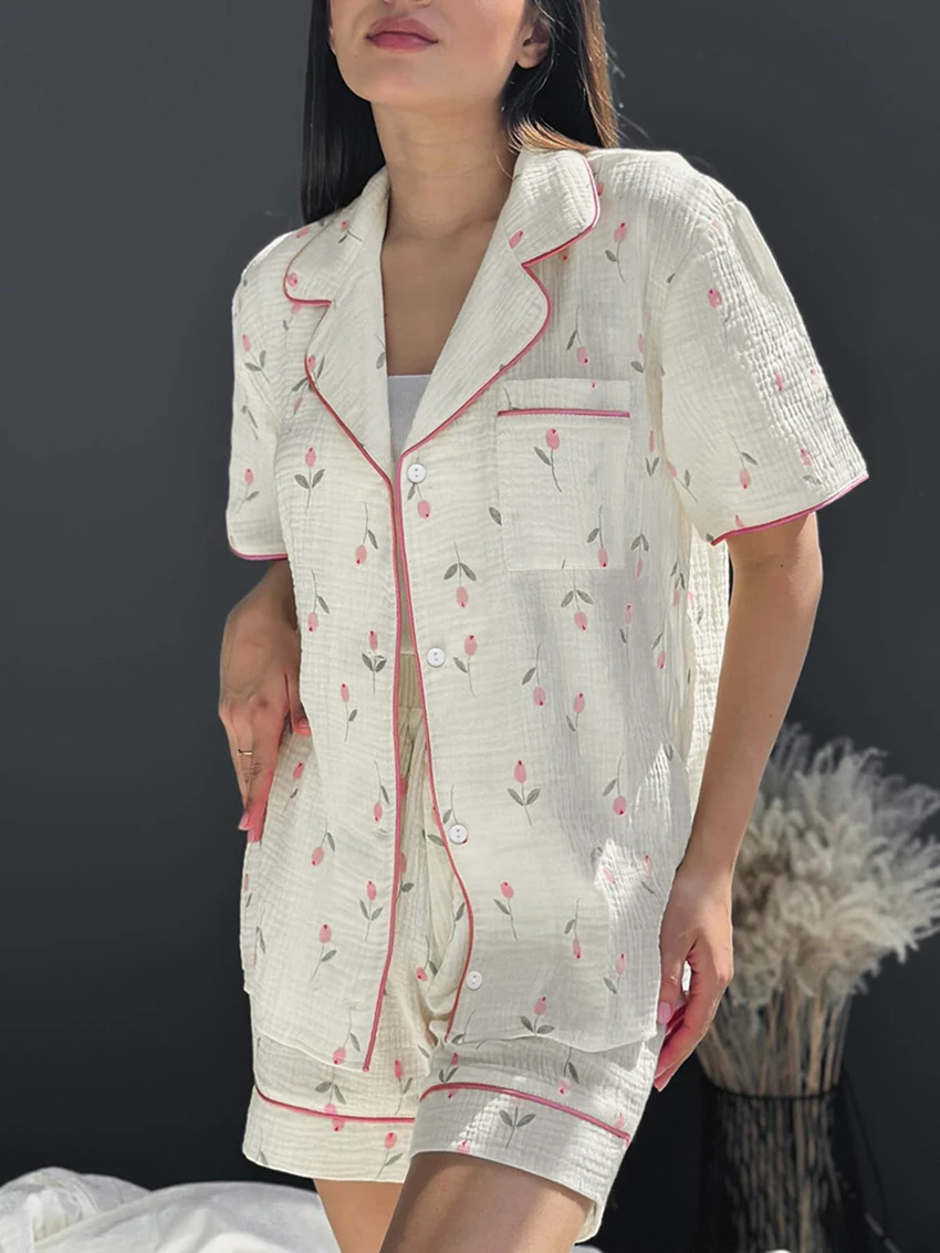Marthaqiqi Cotton Ladies Pajamas 2 Piece Suit Short Sleeve Sleepwear Turn-Down Collar Nightie Shorts Casual Female Nightgown Set