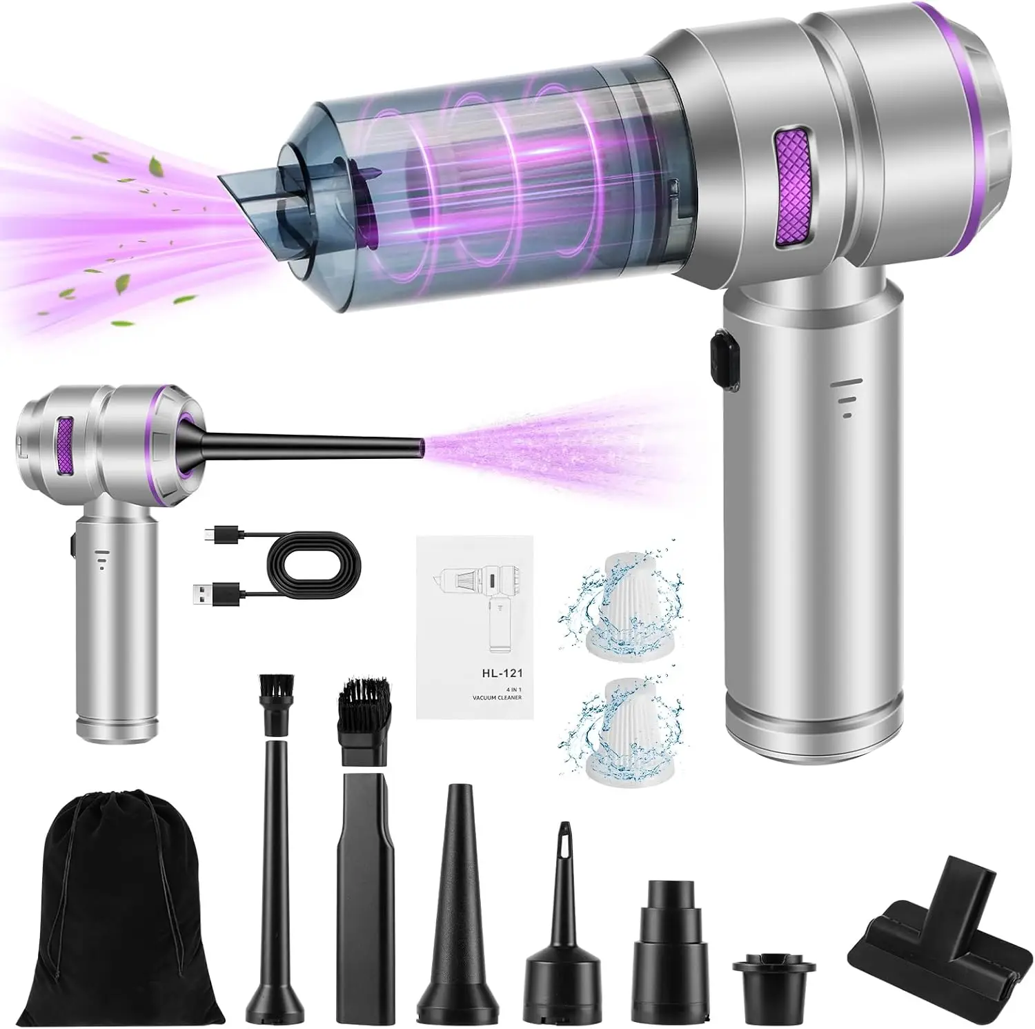 

Ручной автомобильный пылесос 18000PA, беспроводной портативный с бесщеточным двигателем, использование 4-в-1, перезаряжаемый для домашнего офиса в автомобиле (серебристо-серый полиуретан)