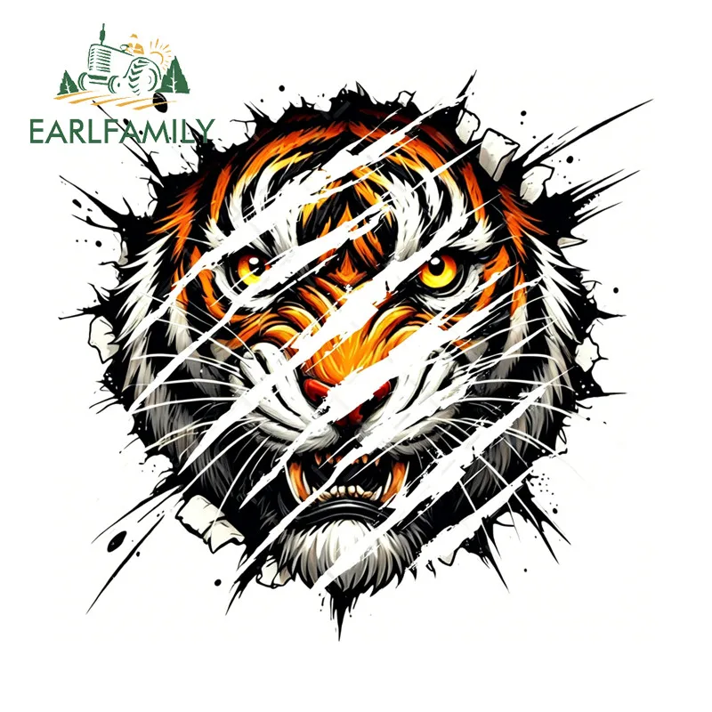 EARLFAMILY Tiger Face Scratch Cartoon Car Sticker Electric Bicycle Suitcase Windows Waterproof Decal Personality Car Accessories