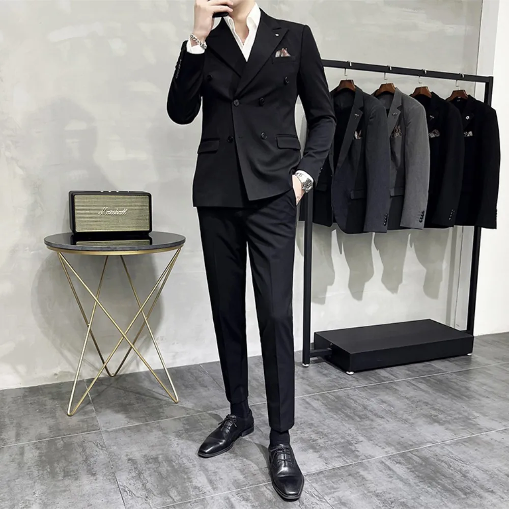 6 Buttons Men Suits Double Breasted Slim Fit Jacket Blazer Only Business Formal Costume Homme Black Striped Latest DesignFashion