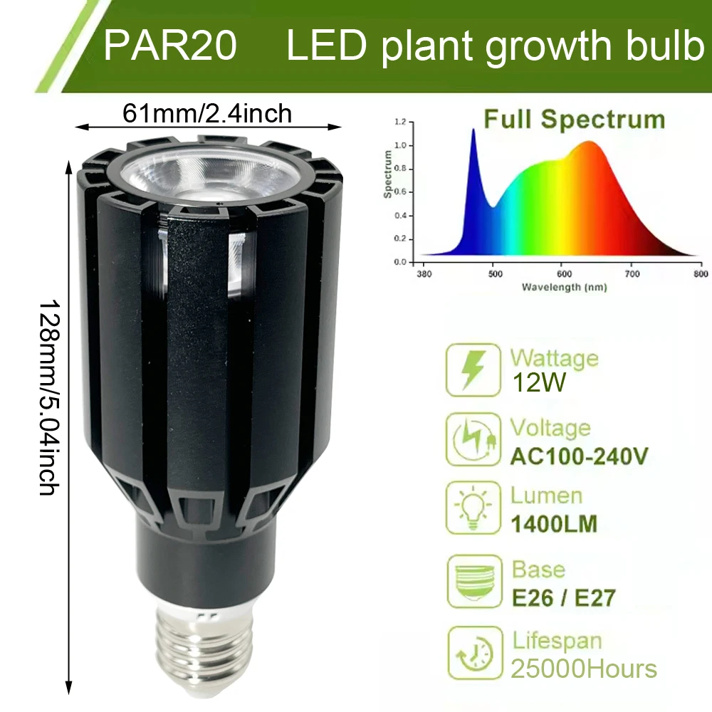 Grow Light for Indoor Plants Full Spectrum, 12W Dimmable Grow Light Bulb with Remote, Auto Timer, Plant Light Bulb with E27 Base