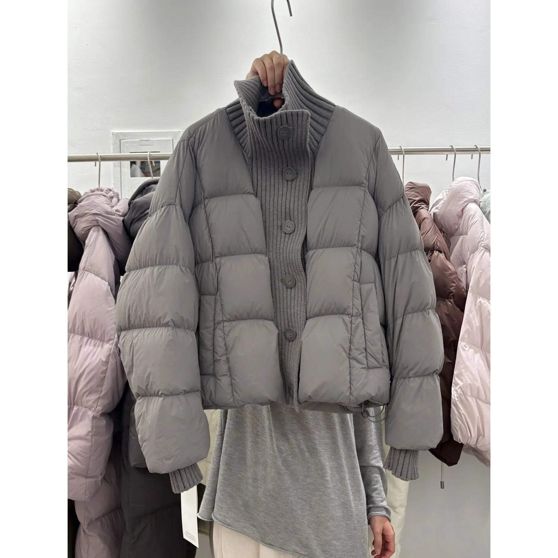 Winter Knitted Splicing Cotton Jacket For Women Korean Fashion Single Breasted Thicken Coat Casual Simple Female Warm Overcoat