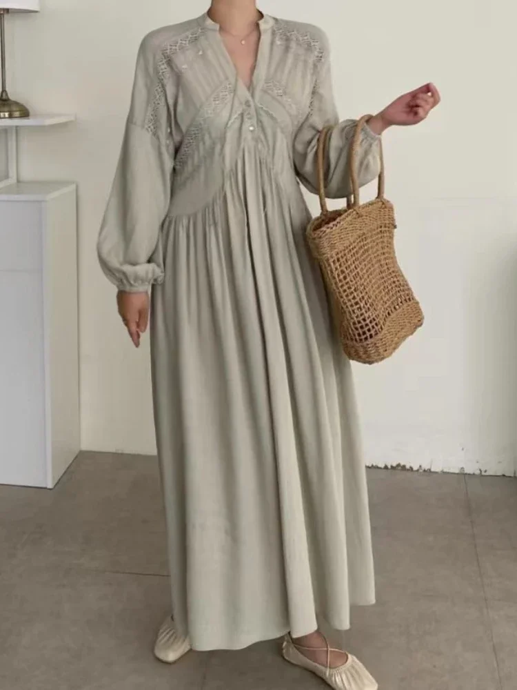 French Style Chic Elegant Lace Hollow Out Dress Women Simple V Neck Long Sleeve Vintage Csaual Robes Autumn 2024 New Vestidos