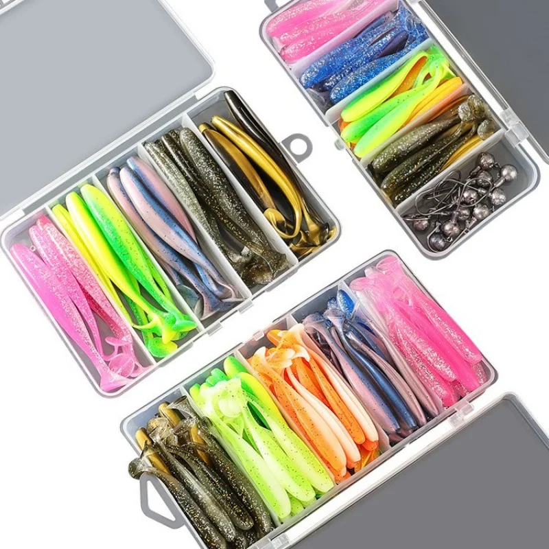 , Señuelo de cola suave de dos tonos de alta calidad, cebo falso con gancho de cabeza de plomo, 50 piezas, 100 juegos