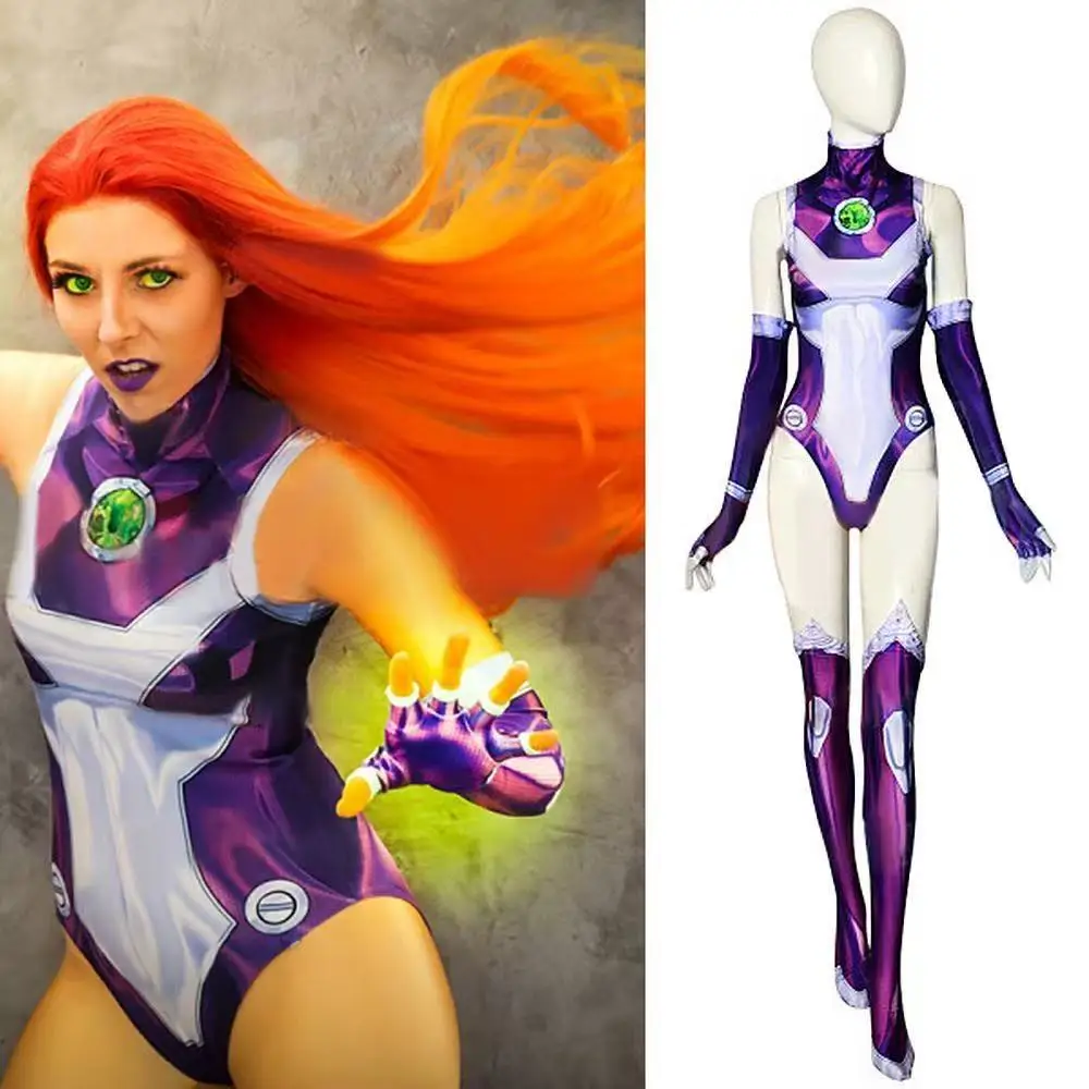 

Anime Teen Titans Starfire Jumpsuit Cosplay Costume Sexy Women Superhero Bodysuit Halloween Carnival Koriand'r Zentai Catsuit