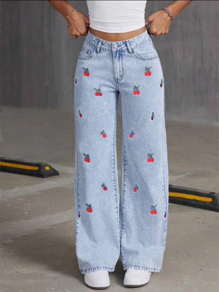 

Light Blue High Waisted Wide Leg Jeans Cherry And Bow Embroidery Casual Loose Fit Denim Long Pants Women Casual 2026 Streetwear