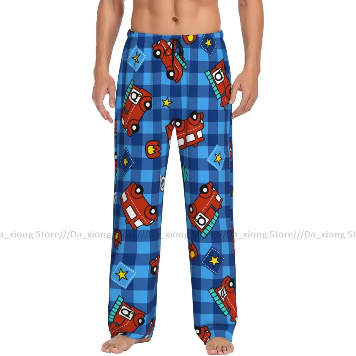 Mens Casual Pajama Long Pant Loose Elastic Waistband Fire Truck On Plaid Cozy Sleepwear Home Lounge Pants